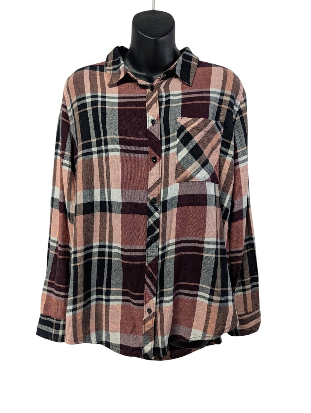 Arizona Jean Co Boyfriend Fit Plaid Flannel Button Up Shirt Size M Pink Maroon